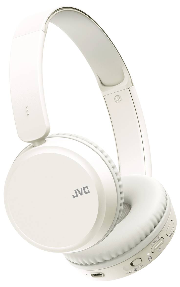 Ein Paar weiße JVC kabellose Kopfhörer mit gepolsterten Ohrmuscheln und verstellbarem Kopfbügel, ausgestattet mit Steuerungstasten und einem Ladeanschluss.