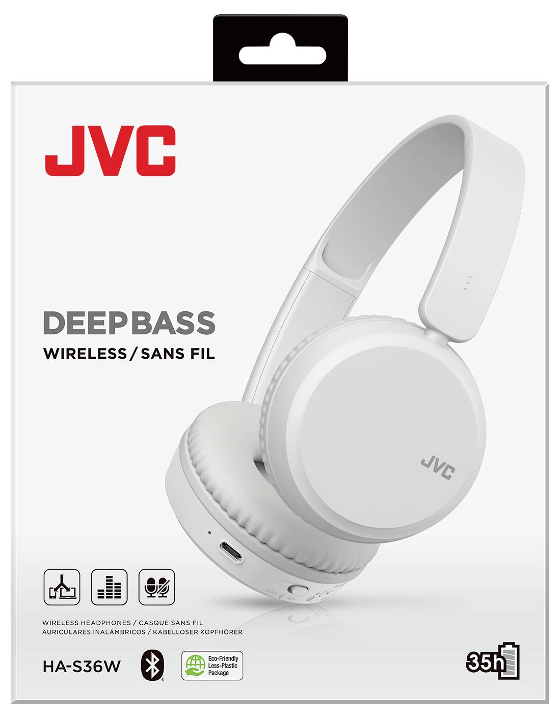 JVC weiße kabellose Kopfhörer Verpackung mit 'DEEPBASS' Schriftzug, Hervorhebung von Funktionen wie 35-Stunden Batterielaufzeit.