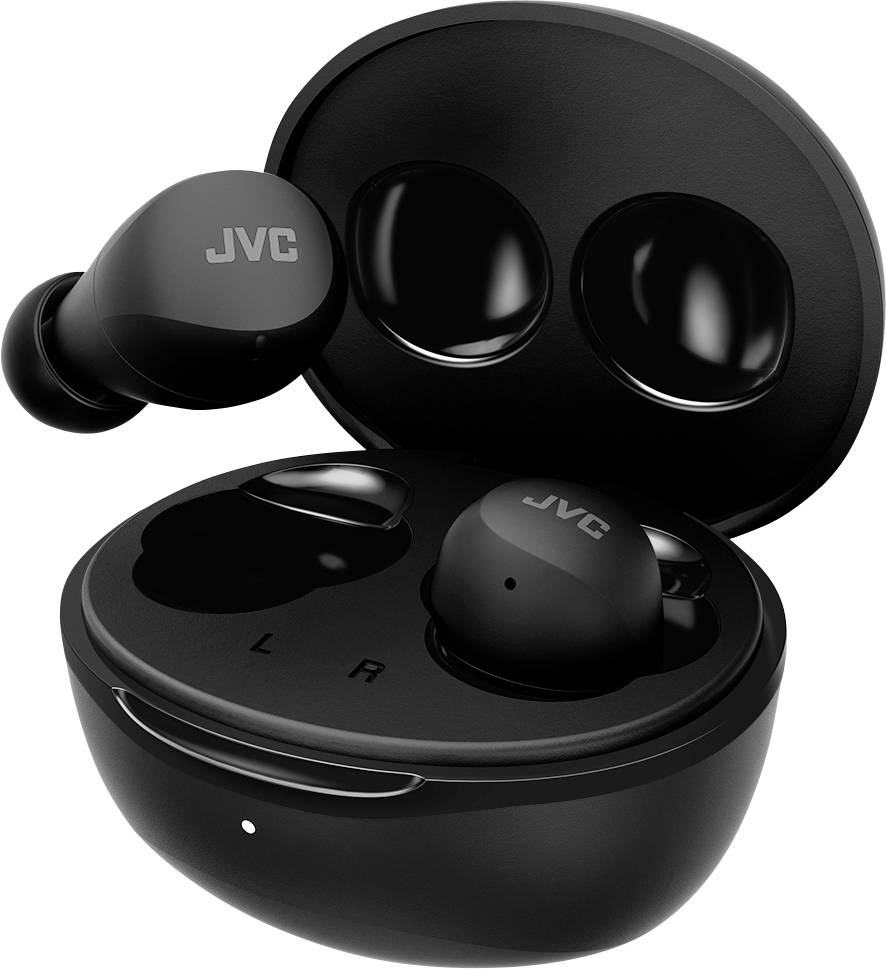JVC-Schwarze kabellose Ohrhörer in einem offenen Ladecase, wobei ein Ohrhörer leicht außerhalb und der andere innerhalb des Gehäuses zu sehen ist.