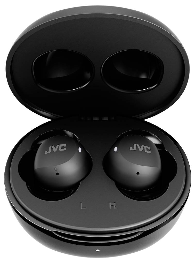 Schwarze kabellose Ohrhörer der Marke 'JVC' in einem geöffneten Ladeetui, die die Plätze für links und rechts zeigen.