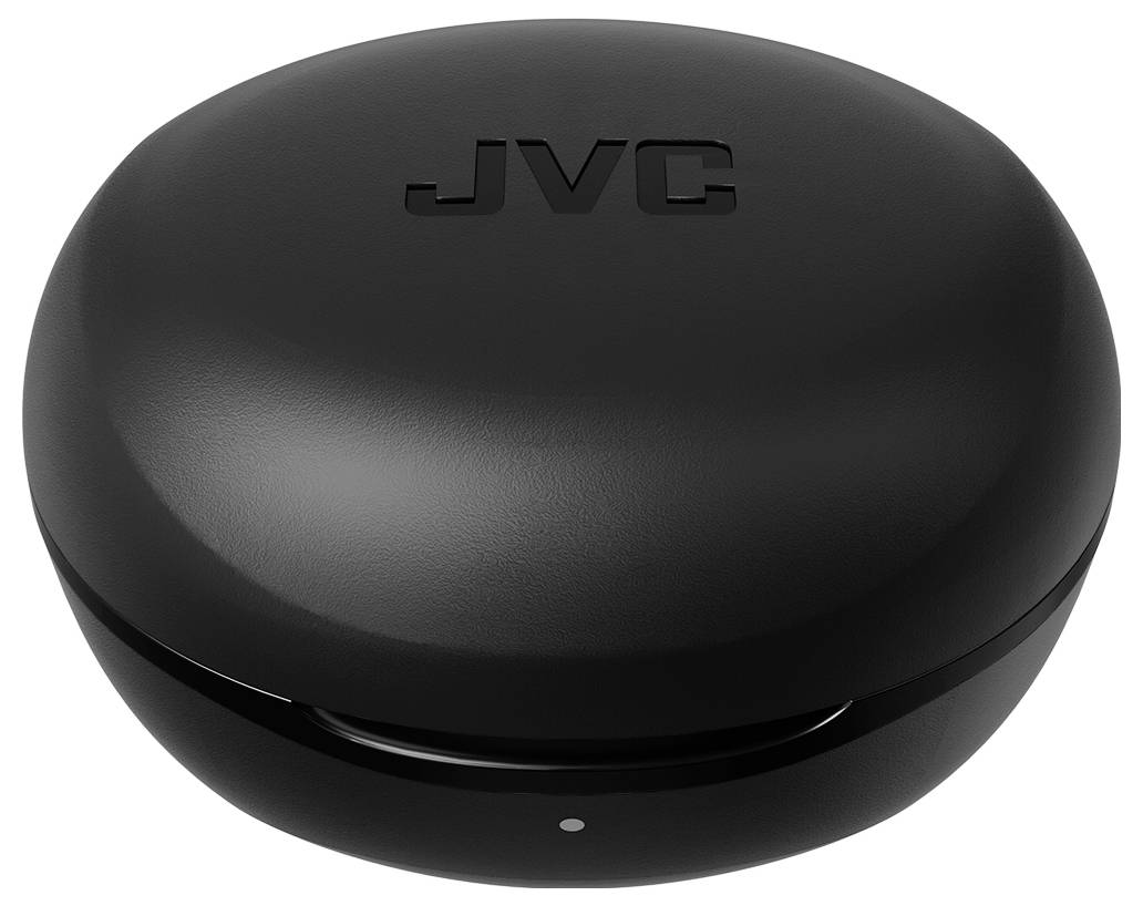 Eine schwarze, kreisförmige JVC-Hülle, wahrscheinlich für Ohrhörer oder Kopfhörer, mit dem JVC-Logo auf der Oberseite geprägt.