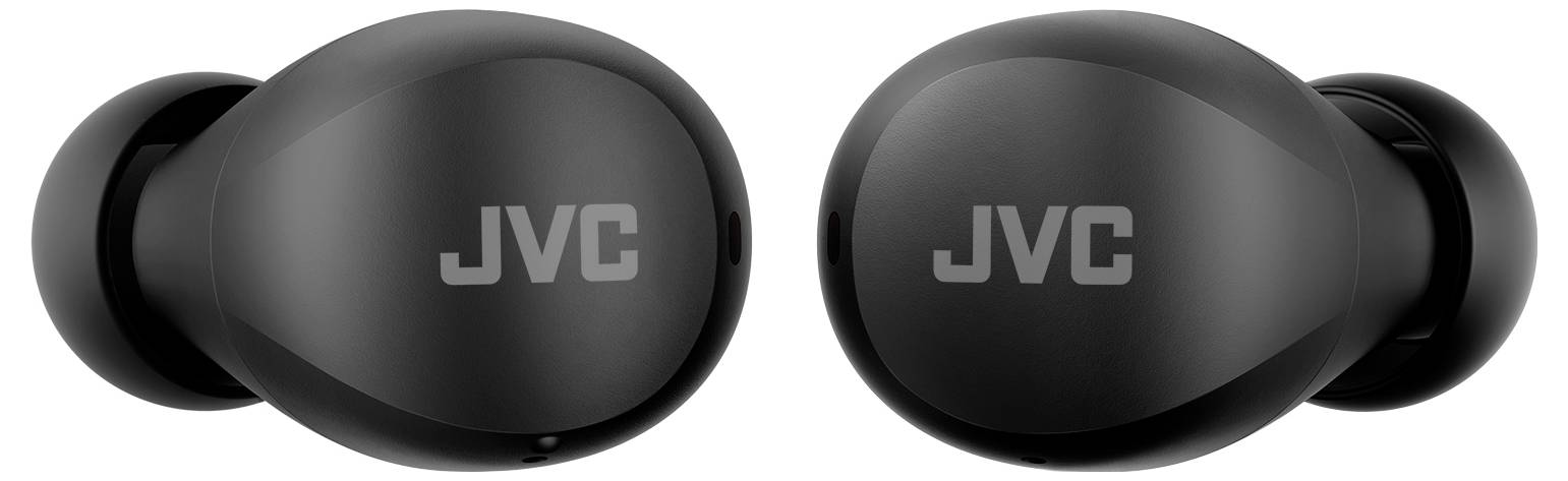Zwei schwarze kabellose JVC-Ohrhörer, glatt und stromlinienförmig, nebeneinander vor einem weißen Hintergrund platziert.