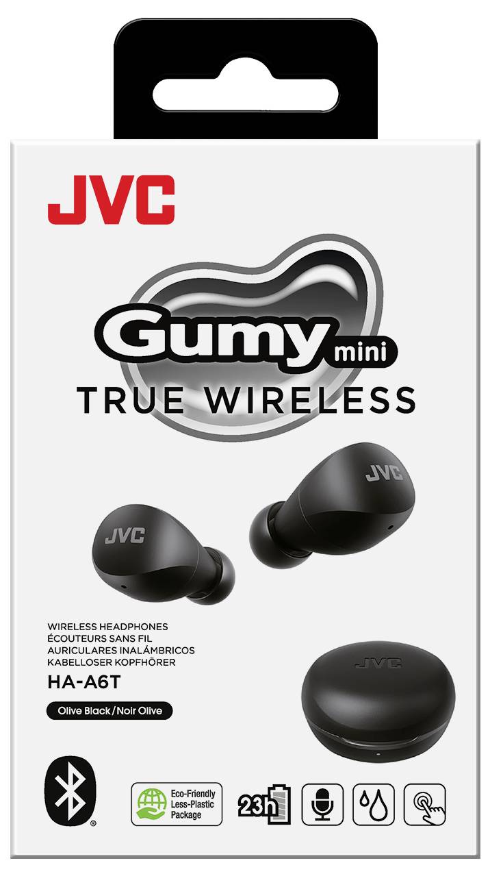 'JVC Gumy mini True Wireless' Ohrhörer in Olivschwarz auf der Verpackung, mit Betonung der Bluetooth-Konnektivität und 23-stündigen Akkulaufzeit.