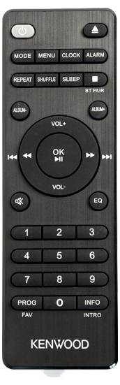 Eine schwarze Kenwood-Fernbedienung mit Tasten für Modus, Menü, Uhr, Alarm, Lautstärke und einem Zifferntastenfeld von 1 bis 0.
