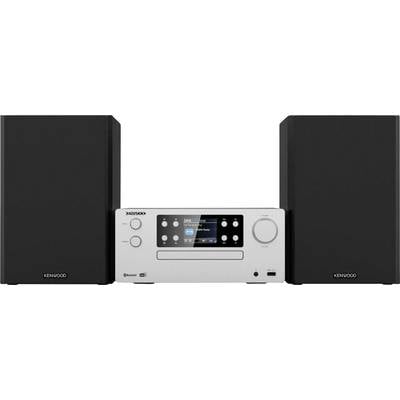 Ein Stereosystem mit zwei schwarzen Lautsprechern und einer silbernen Zentraleinheit. Das Display zeigt Musikwiedergabesteuerung und Bluetooth-Funktionalität.