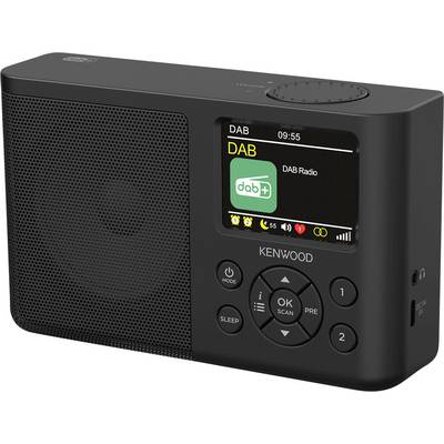 Ein schwarzes Kenwood DAB-Radio, das "DAB Radio" auf seinem Display zeigt, mit Bedienungstasten für Modus, Einstellungen und Lautstärke auf der Vorderseite.