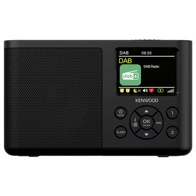 Ein schwarzes Kenwood tragbares digitales Radio, mit einem Display, das 'DAB Radio' zeigt und Navigationstasten darunter.