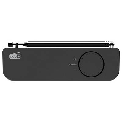 Ein rechteckiges DAB+ Radio mit ausziehbarer Teleskopantenne, einer Lautstärkeregelung und einem minimalistischen Design in Schwarz.