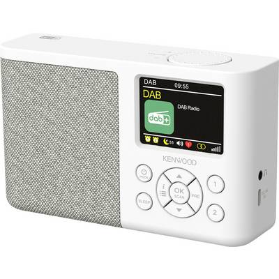 Ein weißes Kenwood DAB+ Radio mit einem Lautsprecher mit Stoffbezug und einem digitalen Display, auf dem "DAB Radio" angezeigt wird. Unter dem Bildschirm befinden sich Bedienungstasten.