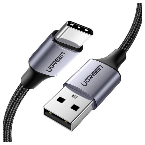 Ein USB-C zu USB-A Kabel mit geflochtener Ausführung, an beiden Anschlüssen mit 'UGREEN' beschriftet, zur Ladung und Datenübertragung.