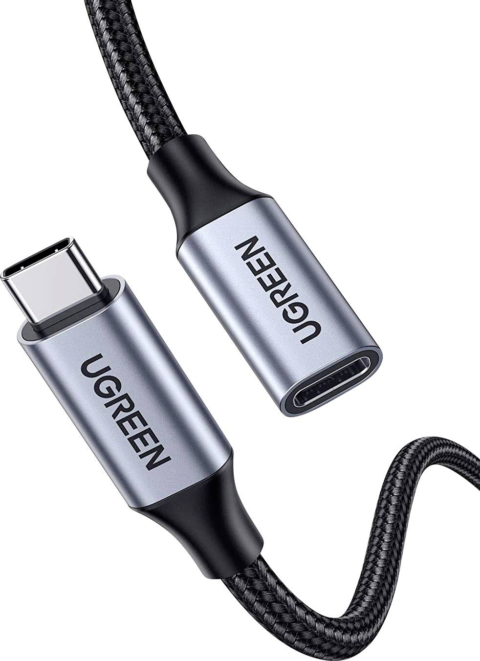 Ein USB-C-Ladekabel mit geflochtener Außenhülle, mit einer Nahaufnahme der Anschlüsse.