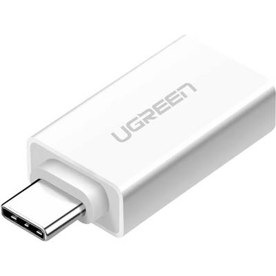 Ein weißer USB-C zu USB-A Adapter mit 'UGREEN' Logo auf der Oberseite, der das USB-C Anschlussende zeigt.