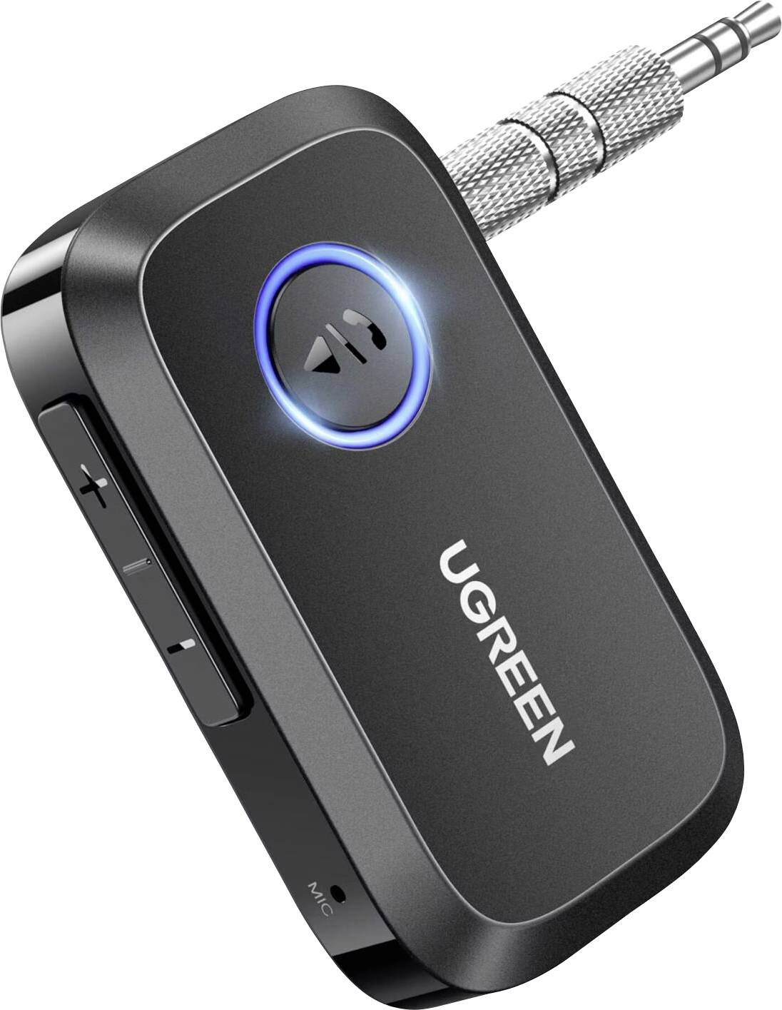 Ein kompakter schwarzer Bluetooth-Audioempfänger der Marke 'UGREEN' mit Lautstärkeregelungstasten und angeschlossenem Audioanschluss.