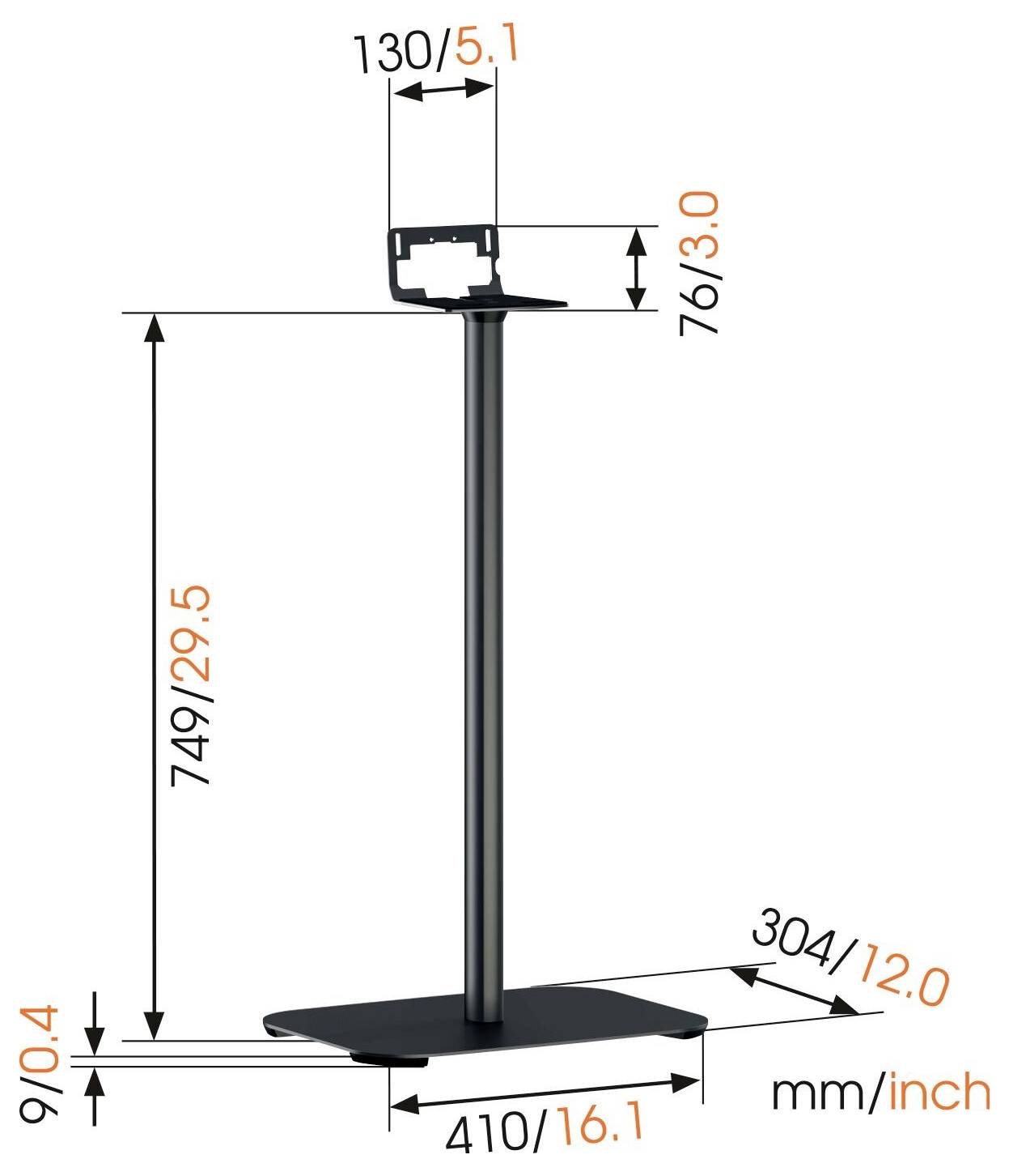 Ein schwarzer Lautsprecherständer mit einer Grundfläche von 410 mm/16,1 Zoll mal 304 mm/12,0 Zoll, Stangenhöhe 749 mm/29,5 Zoll, Oberseite mit einer Breite von 130 mm/5,1 Zoll.