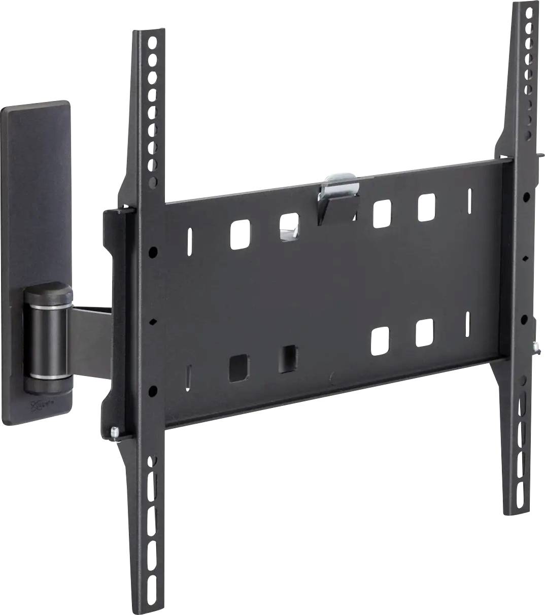 Wandmontierte TV-Halterung mit einem verstellbaren Arm in Seitenansicht, entwickelt, um Flachbildschirm-Fernseher sicher zu befestigen.