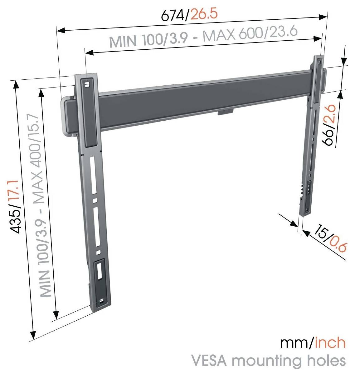 VESA-Halterungsabmessungen: 674 mm (26,5 Zoll) Breite, 435-66 mm (17,1-2,6 Zoll) einstellbare Höhe, 100-600 mm (3,9-23,6 Zoll) Tiefe.