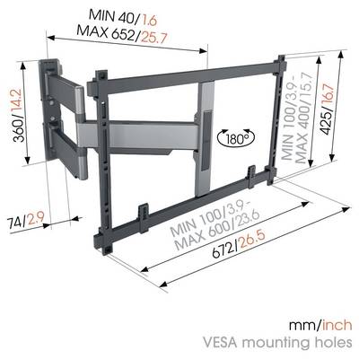 Diagramm einer Wandhalterung für Bildschirme. Abmessungen: min 40mm/1,6 Zoll, max 652mm/25,7 Zoll Breite, min 100mm/3,9 Zoll, max 400mm/15,7 Zoll Höhe, 180° drehbar.