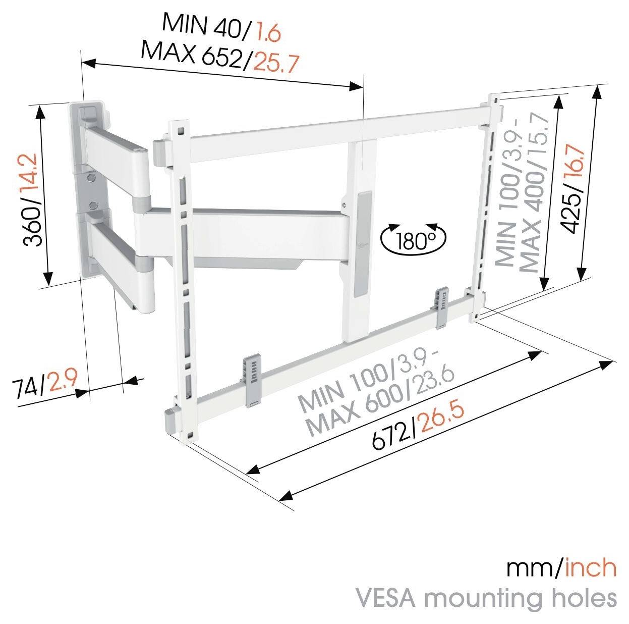 Wandhalterungsdiagramm mit ausfahrbaren Armen, Seitenansicht. Abmessungen in mm/Zoll beschriftet, inklusive VESA-Montagebohrungen.