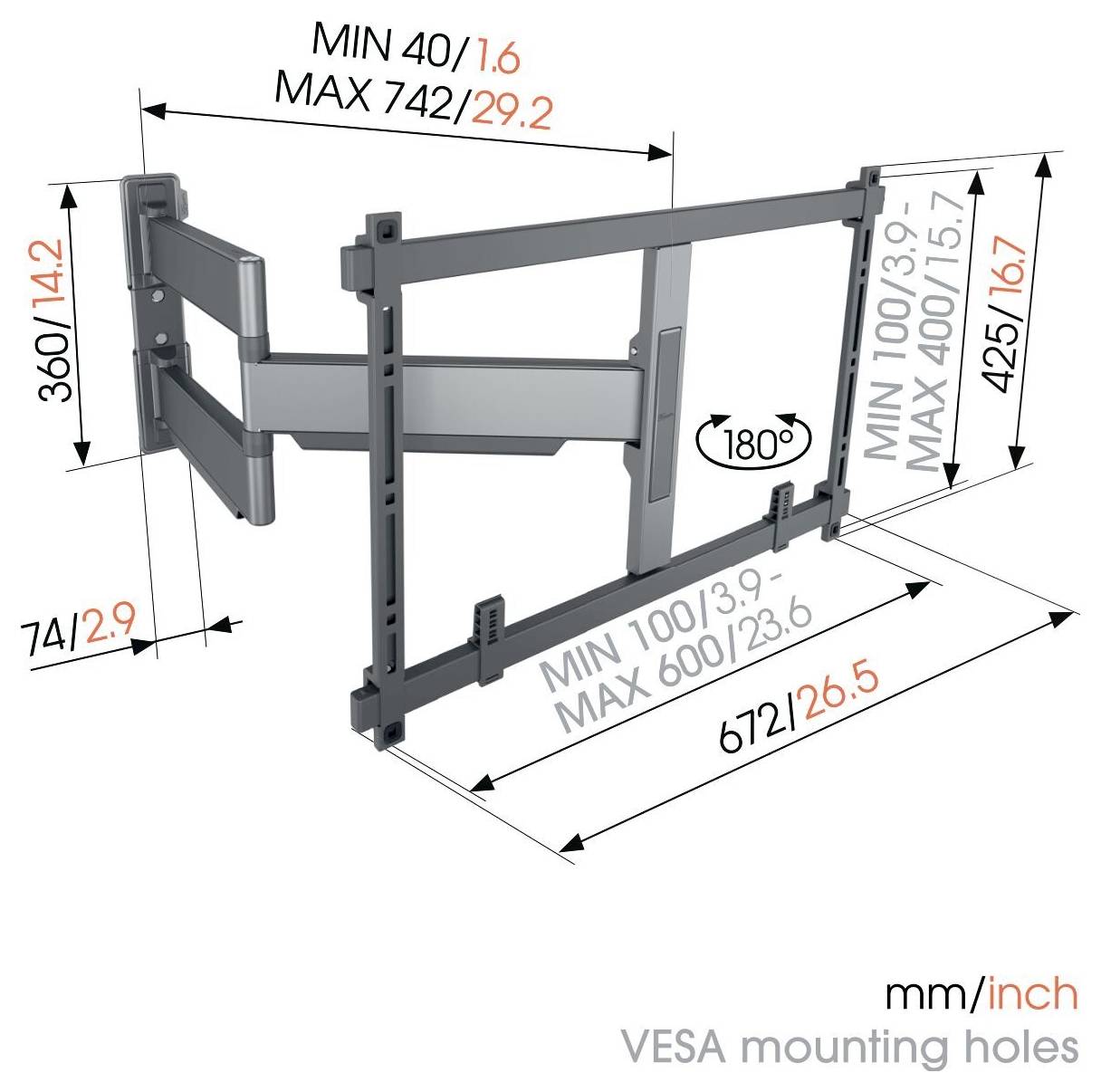 Wandhalterung für einen Fernseher mit verstellbarem Arm. Abmessungen: Höhe 360 mm/14,2 Zoll, Breite 742 mm/29,2 Zoll, Tiefe 672 mm/26,5 Zoll bei vollständiger Ausstreckung.