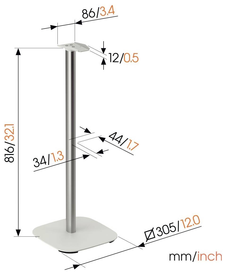 Ein Bodenständer mit einer quadratischen Basis von 305 mm, einer Höhe von 818 mm und einer Halterungsbreite oben von 86 mm. Messungen erfolgen in mm/Zoll.