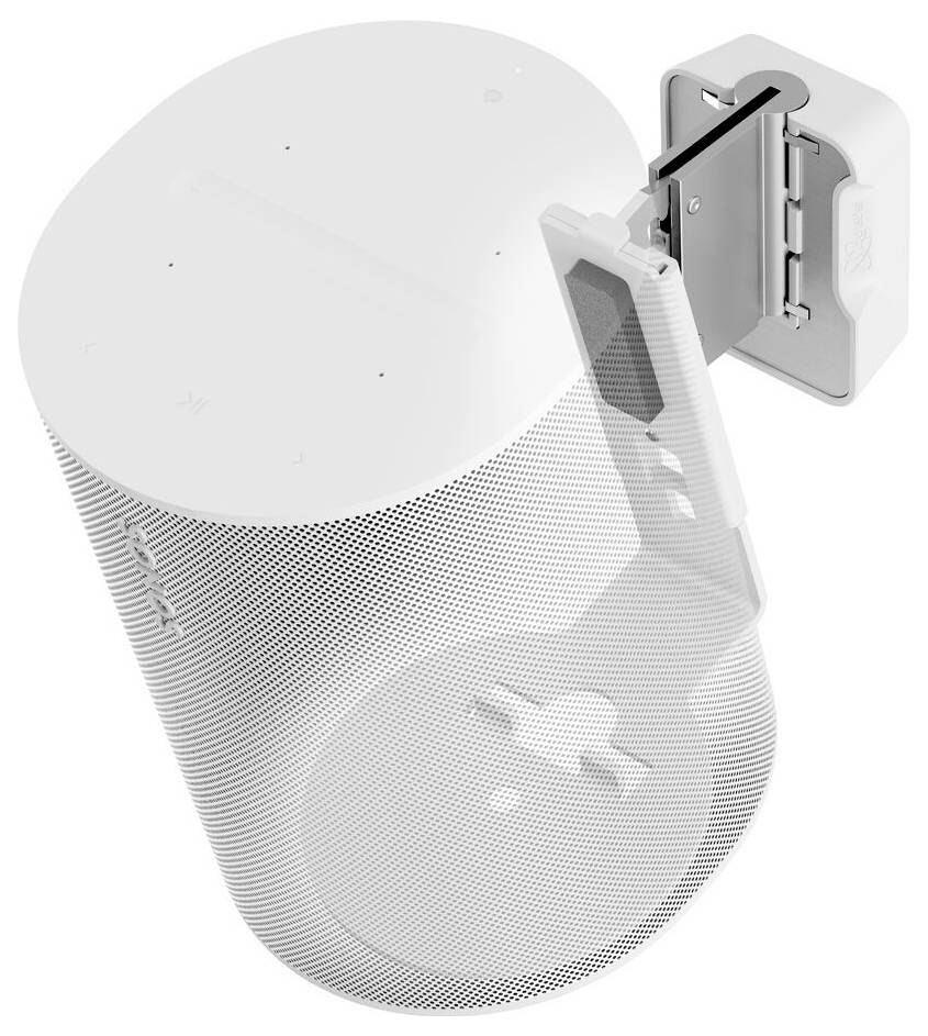 Ein weißer, zylindrischer Lautsprecher, der an einem Wandhalter befestigt ist, von oben betrachtet, der seine durchlöcherte Gittertexturfläche und sein nahtloses Design zeigt.