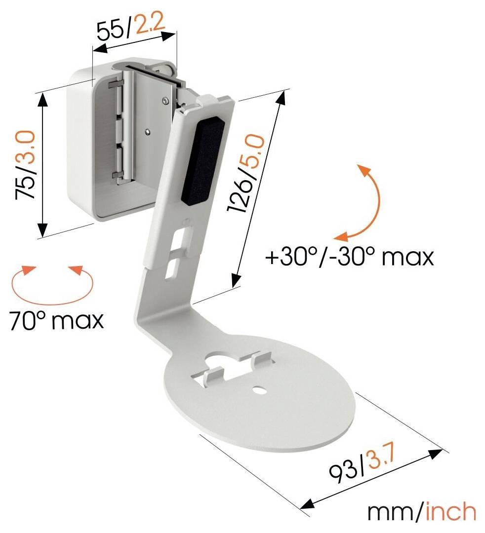 Halterungsdiagramm mit Maßangaben: Höhe 126 mm/5,0 Zoll, Breite 55 mm/2,2 Zoll, Tiefe 75 mm/3,0 Zoll, Basisdurchmesser 93 mm/3,7 Zoll, einstellbarer Winkel +30°/-30°, Neigung max. 70°.