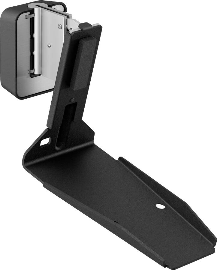 Eine schwarze, verstellbare Wandhalterung mit Gelenkmechanismus, in geöffneter Position präsentiert, geeignet für die Unterstützung elektronischer Geräte.