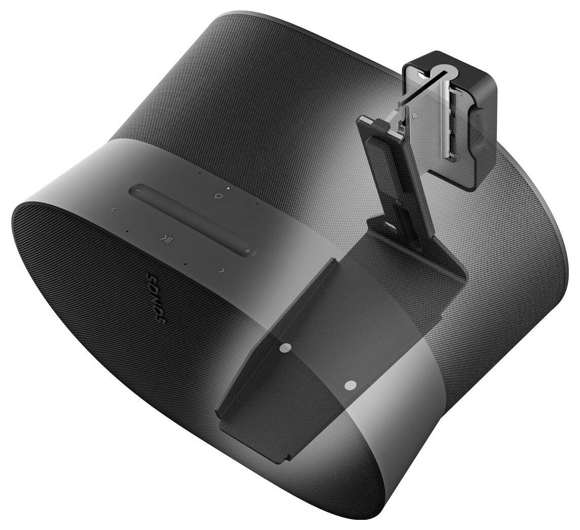 Ein schwarzer wandmontierter drahtloser Lautsprecher mit integrierten Bedienelementen, der für ein elegantes Audio-Setup entwickelt wurde.
