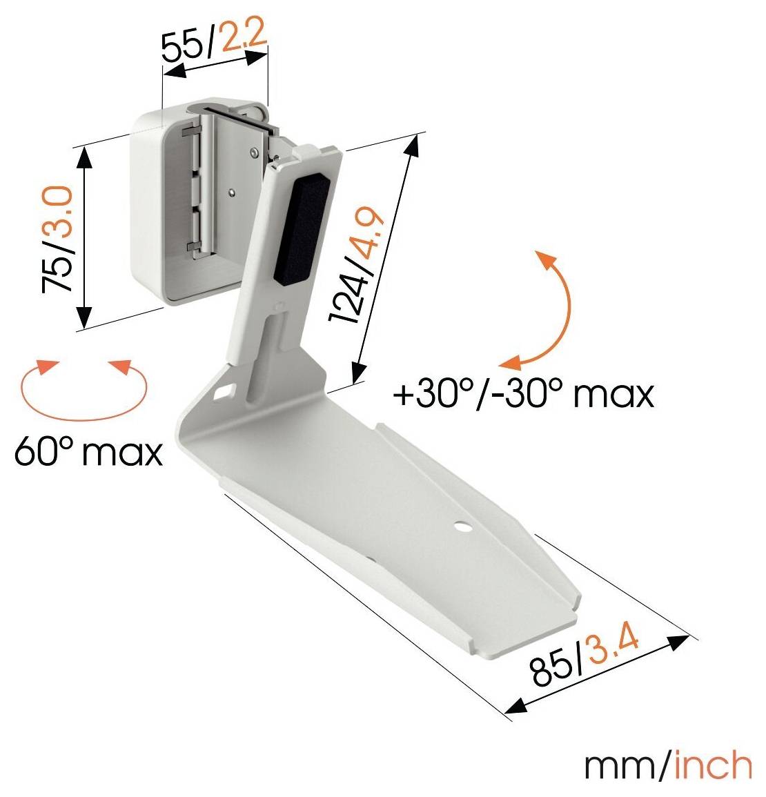Befestigungshalterung-Diagramm mit einem Schwenkbereich von '+30°/-30° max', einer maximalen Neigung von 60°, und Abmessungen: 75mm/3,0 Zoll Höhe, 124mm/4,9 Zoll Tiefe, 85mm/3,4 Zoll Breite.