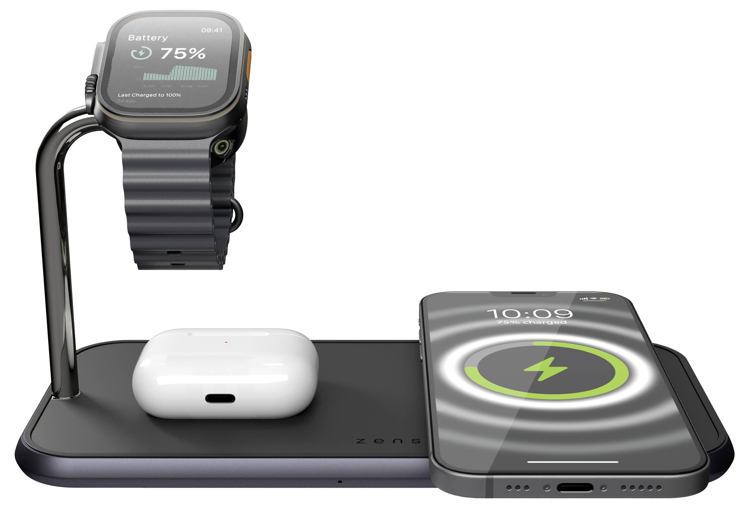 Eine Ladestation mit einer Smartwatch bei 75% Akkuladung, einem Smartphone, das das Laden anzeigt, und drahtlosen Kopfhörern, die alle gleichzeitig geladen werden.