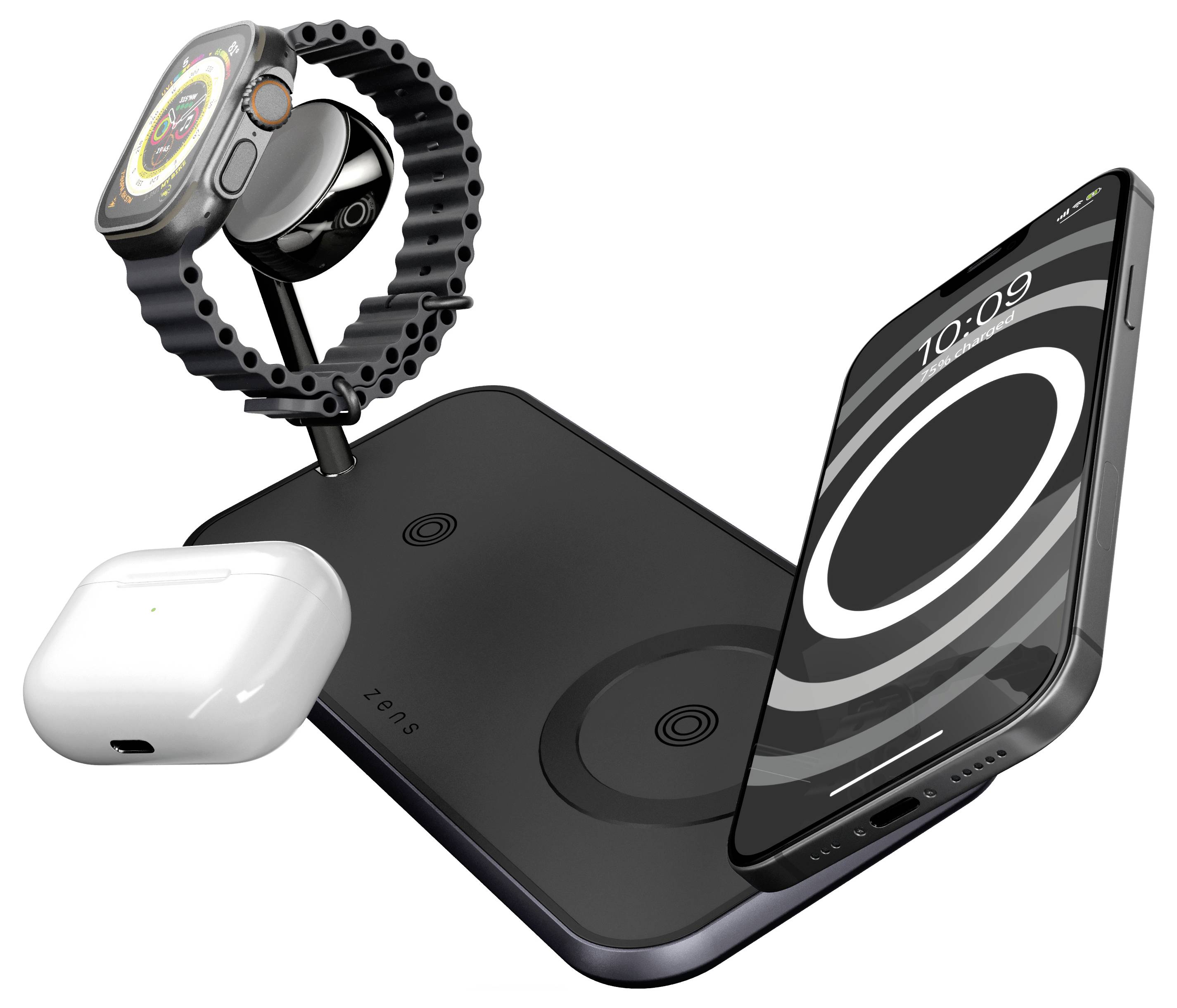 Eine kabellose Ladestation mit einem Smartphone, einer Smartwatch und Ohrhörern. Das Telefon zeigt 10:09 Uhr.