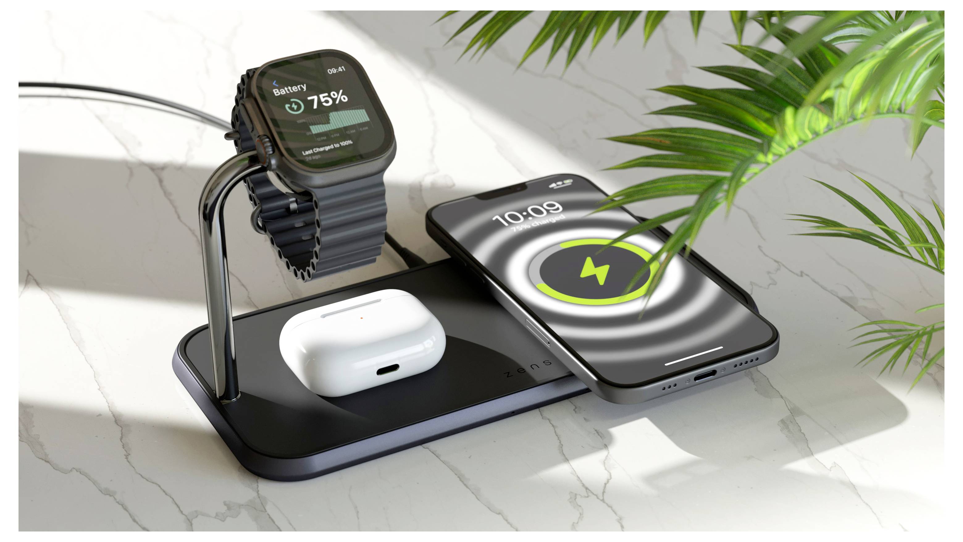 Eine Ladestation auf einer Marmoroberfläche hält eine Smartwatch, die ‚75%' anzeigt, ein Paar kabelloser Kopfhörer und ein Smartphone, das ein Ladensymbol zeigt.