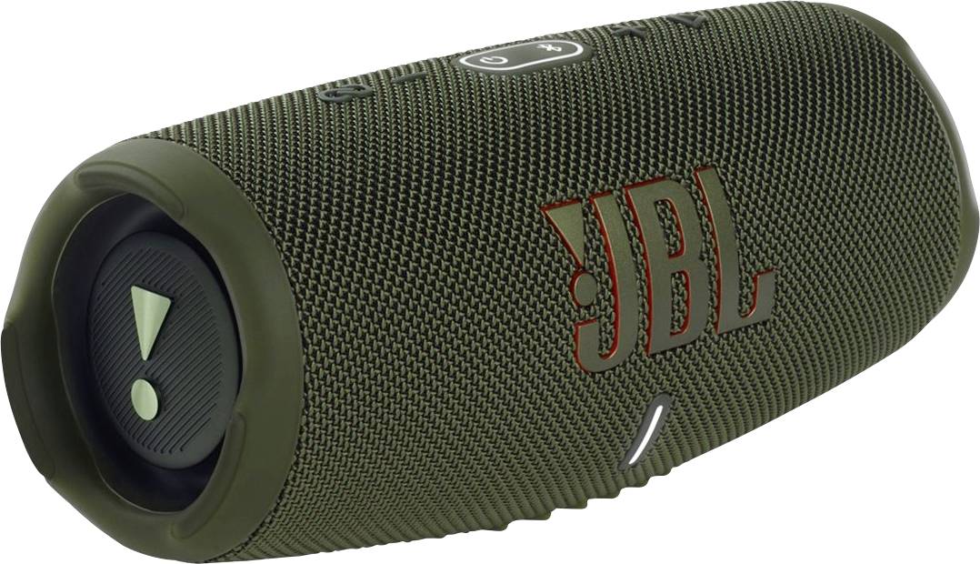 Ein tragbarer, zylindrischer Bluetooth-Lautsprecher, der mit strukturiertem Stoff überzogen ist und das 'JBL' Logo in Rot an der Seite trägt.
