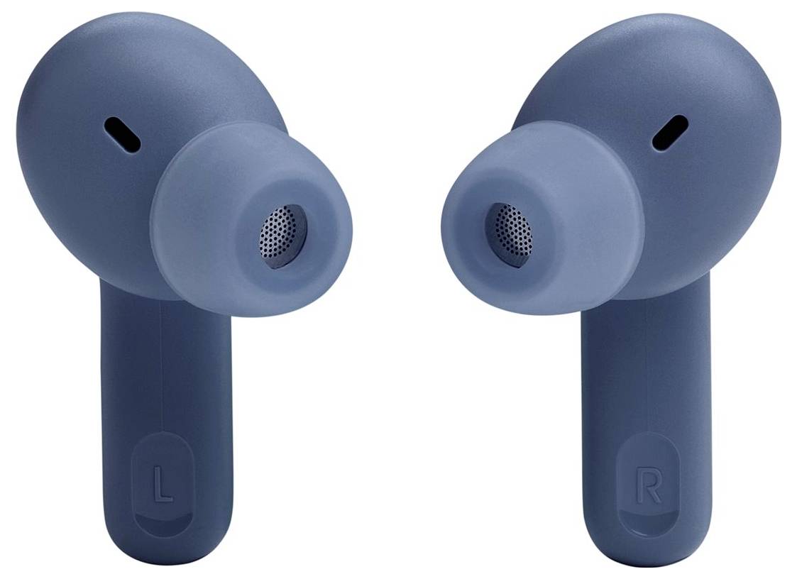 Zwei blaue kabellose Ohrhörer mit den Bezeichnungen 'L' und 'R', ausgestattet mit Silikonohreinsätzen und kleinen kreisförmigen Lautsprecherblenden.