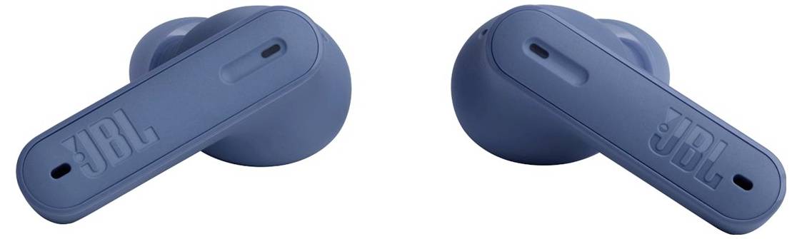 Blaue kabellose Ohrhörer mit Markenlogo auf jedem Ohrhörer, entwickelt für den Einsatz im Ohr.