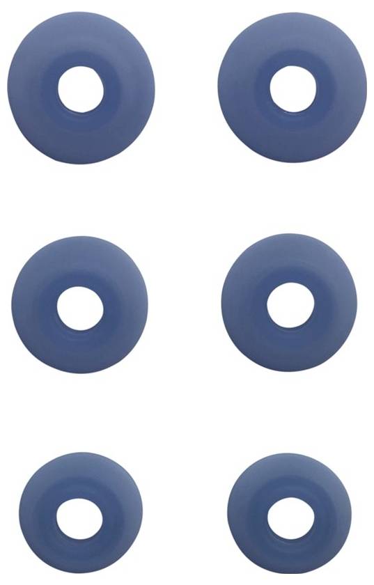 Sechs blaue scheibenförmige Objekte mit Löchern in der Mitte, in zwei vertikalen Spalten von je drei auf einem weißen Hintergrund angeordnet.