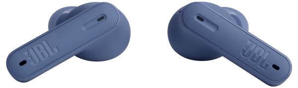 Ein Paar blauer drahtloser Ohrhörer mit 'JBL'-Logo auf jeder Seite, die ein schlankes, modernes Design aufweisen.