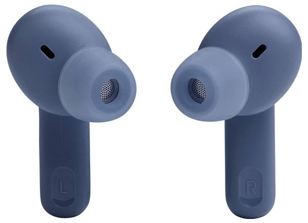 Zwei blaue kabellose Ohrhörer mit den Beschriftungen "L" und "R", für einen In-Ear-Einsatz konzipiert, mit sichtbarem Lautsprechergitter und Ladeanschlüssen.