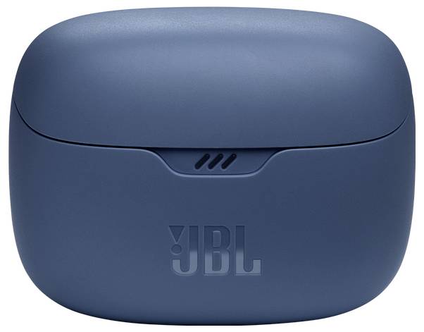 Ein blaues JBL-Ohrhörertui mit glatter, abgerundeter Form und dem Markenlogo, das auf der Vorderseite eingeprägt ist.