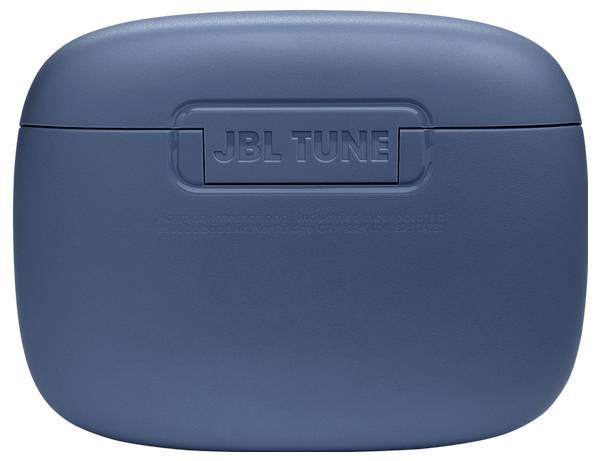 Eine kleine, blaue JBL Tune Wireless-Ohrhörer-Hülle mit einem glatten, abgerundeten Design.