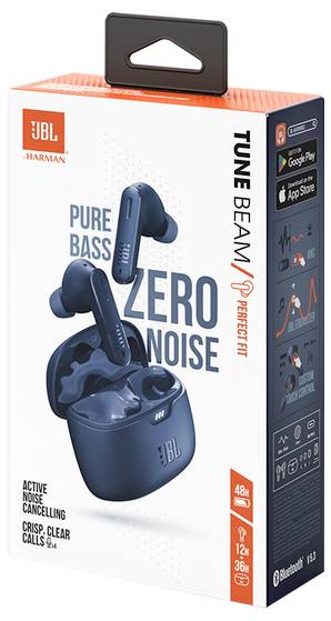 JBL Tune Beam kabellose Ohrhörer Verpackung zeigt Ohrhörer im Ladeetui. Highlights umfassen ‚Pure Bass', ‚Zero Noise', aktive Geräuschunterdrückung, 48-Stunden-Akkulaufzeit.