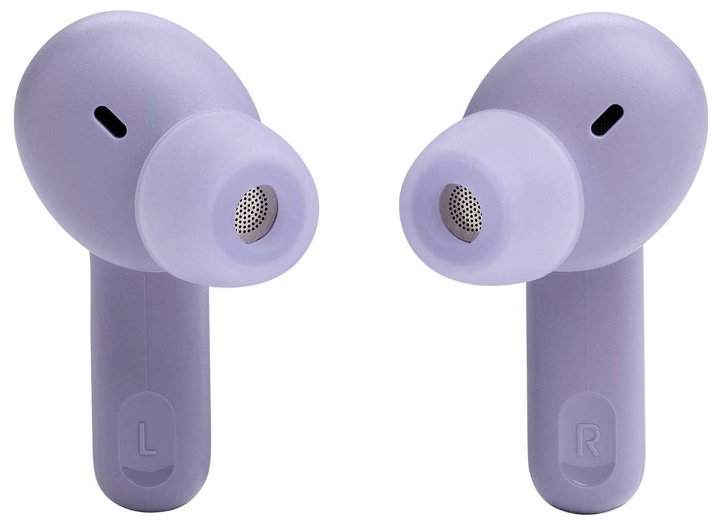 Violette kabellose Ohrhörer mit 'L'- und 'R'-Markierungen für links und rechts, entwickelt für In-Ear-Nutzung mit angebrachten Silikonohrstöpseln.
