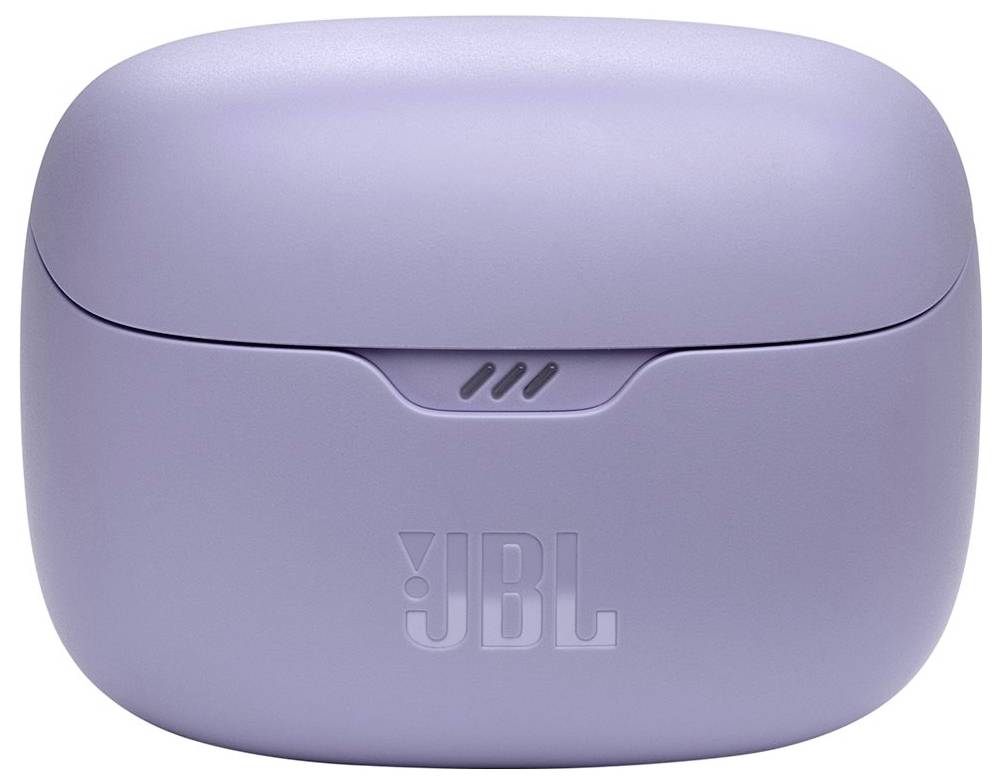 Eine lila Ladehülle für JBL-Ohrhörer, mit dem JBL-Logo auf der Vorderseite geprägt.