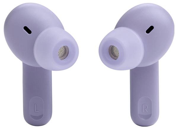 Lila drahtlose Kopfhörer mit Beschriftung 'L' und 'R' für links und rechts, ausgestattet mit Silikonohrhörern und einem eleganten, modernen Design.