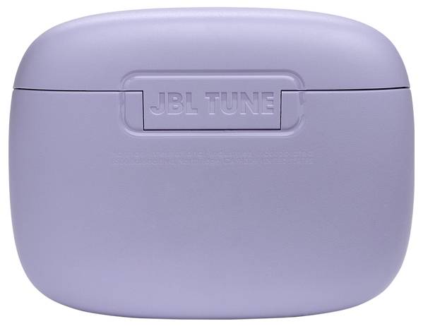 Lila JBL Tune Ohrhörer-Etui geschlossen, Logo auf der Oberseite, minimalistisches Design.