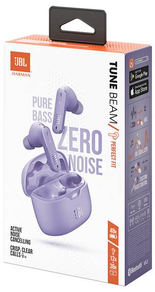 Karton der JBL Tune Beam In-Ear-Kopfhörer mit Hervorhebung folgender Funktionen: aktive Geräuschunterdrückung, 48 Stunden Akkulaufzeit und App-Kompatibilität.
