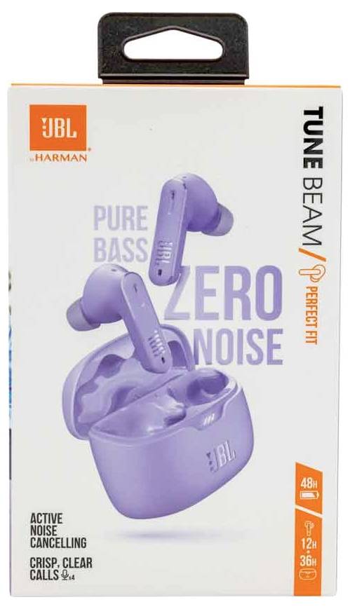 Lila JBL Tune Beam Ohrhörer in einer Ladebox auf der Verpackungsschachtel. Texthervorhebungen zeigen 'Pure Bass', 'Null Geräusch', 'Aktive Geräuschunterdrückung' und 'Klare, präzise Anrufe'.