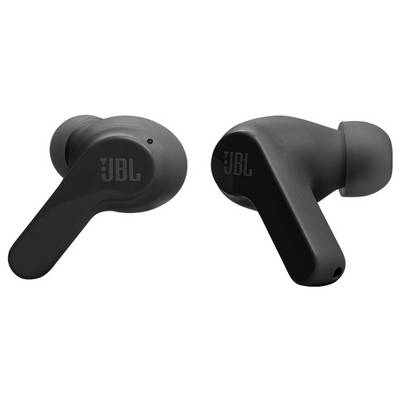 Zwei schwarze kabellose Ohrhörer mit dem 'JBL'-Logo auf jedem Hörer, ausgestattet mit einem ergonomischen Design für einen bequemen Tragekomfort im Ohr.