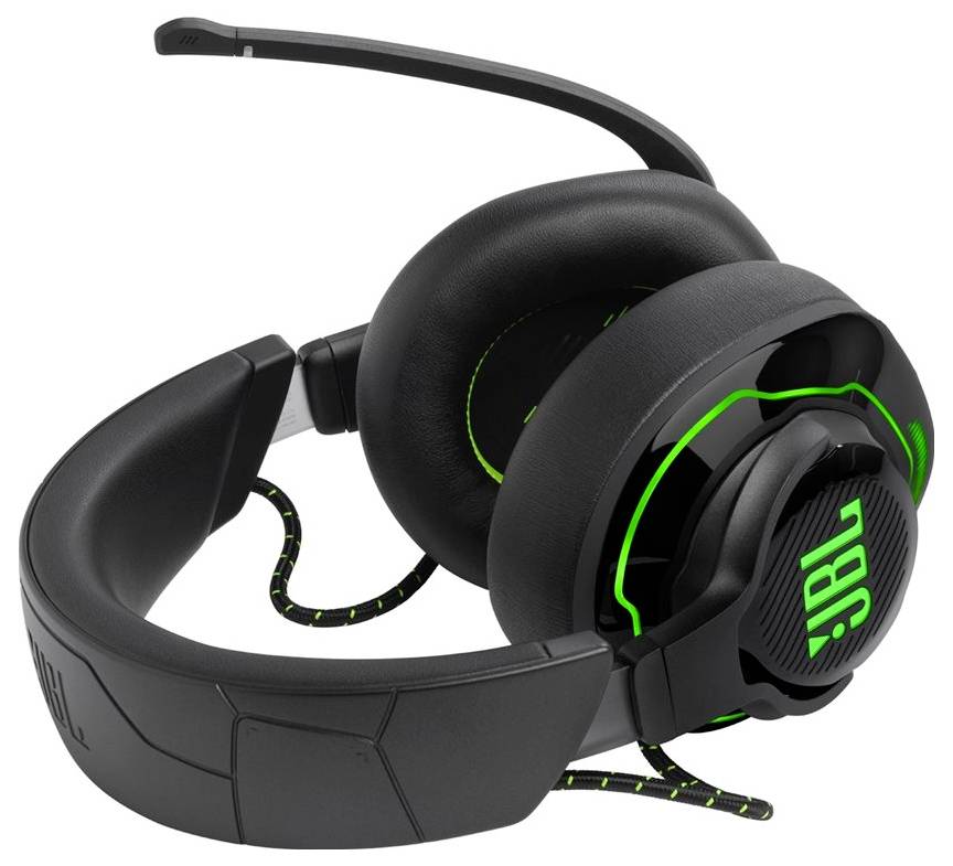 Schwarzer Over-Ear Gaming-Kopfhörer mit neongrünen Akzenten und Logo, ausgestattet mit gepolsterten Ohrmuscheln und einem flexiblen, verstellbaren Kopfbügel.