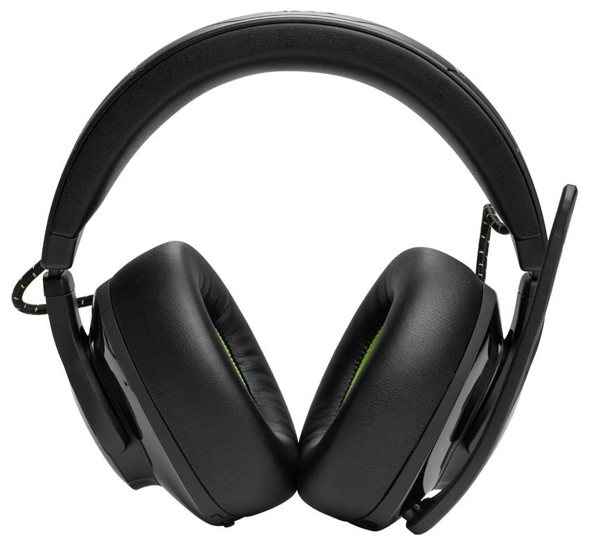 Ein Paar schwarze Over-Ear-Gaming-Kopfhörer mit angebrachtem Mikrofon, die mit den Ohrmuscheln nach vorne gezeigt werden.